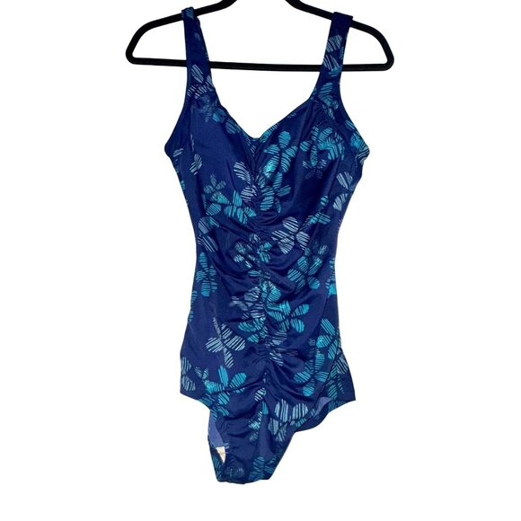 One-Piece Maxine Swimsuit With Ruched Front & Tropical Print Blue & Teal Womens - Picture 1 of 10